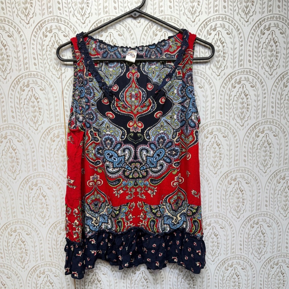 Bila Tank Top‎ Women Large Red Paisley Boho Ruffle Hem Sleeveless Blouse